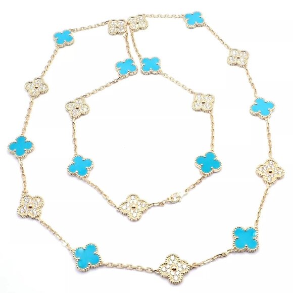Van Cleef & Arpels 18k Yellow Gold 20 Motif Alhambra Diamond Turquoise Necklace - Picture 1 of 16